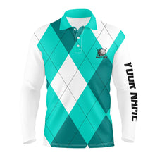 Load image into Gallery viewer, Mens golf polo shirts turquoise and white golf argyle plaid pattern, personalized golf gifts NQS7805