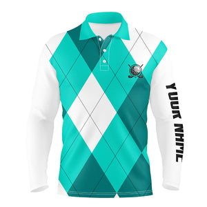 Mens golf polo shirts turquoise and white golf argyle plaid pattern, personalized golf gifts NQS7805