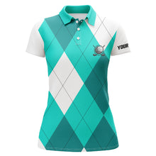 Load image into Gallery viewer, Womens golf polo shirts turquoise and white golf argyle plaid pattern, personalized golf gifts NQS7805