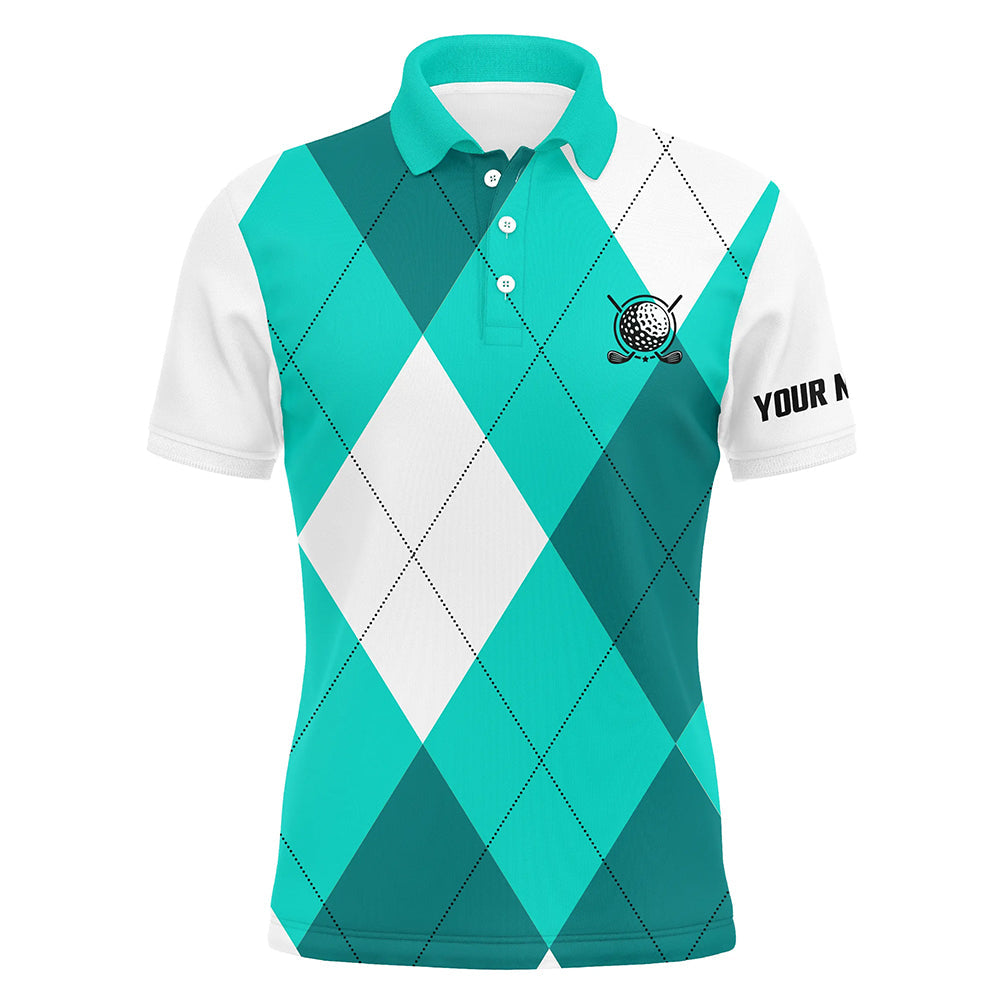 Mens golf polo shirts turquoise and white golf argyle plaid pattern, personalized golf gifts NQS7805