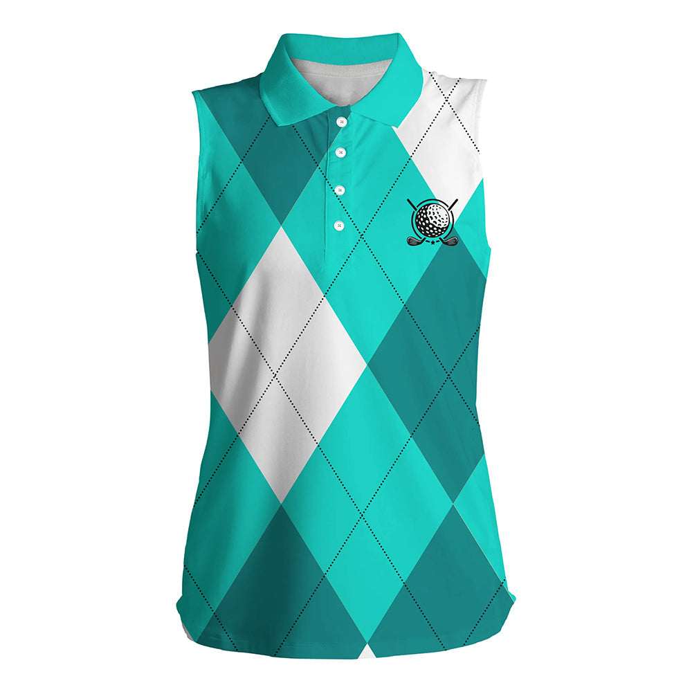 Women sleeveless polo shirt turquoise and white golf argyle plaid pattern, personalized golf gifts NQS7805