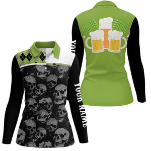 Black Skull argyle plaid pattern Women golf polo shirts custom team beer ladies golf top | Green NQS7813