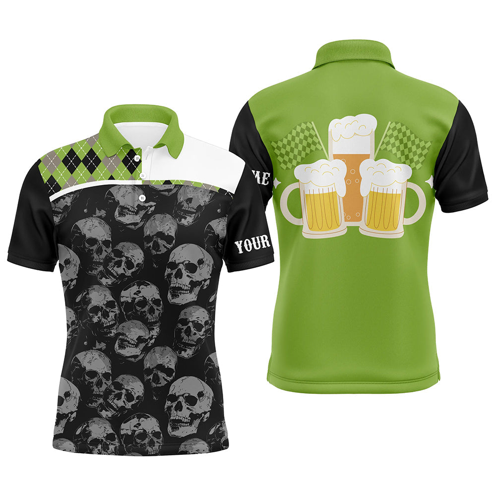 Black Skull argyle plaid pattern Mens golf polo shirts custom team beer golf top for men | Green NQS7813