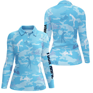 Blue camo Womens golf polos shirts custom name  blue golf shirts for women, golfing gifts NQS5926