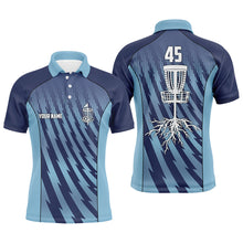 Load image into Gallery viewer, Mens disc golf polo shirts custom name, number blue camo disc golf basket mens golf tops NQS5927