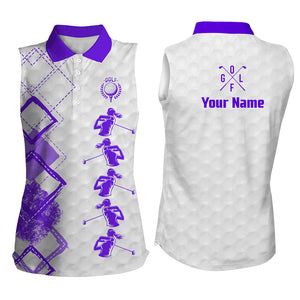 Purple and white Womens sleeveless polo shirt custom name women's golf apparel, gifts for golf lovers NQS8227