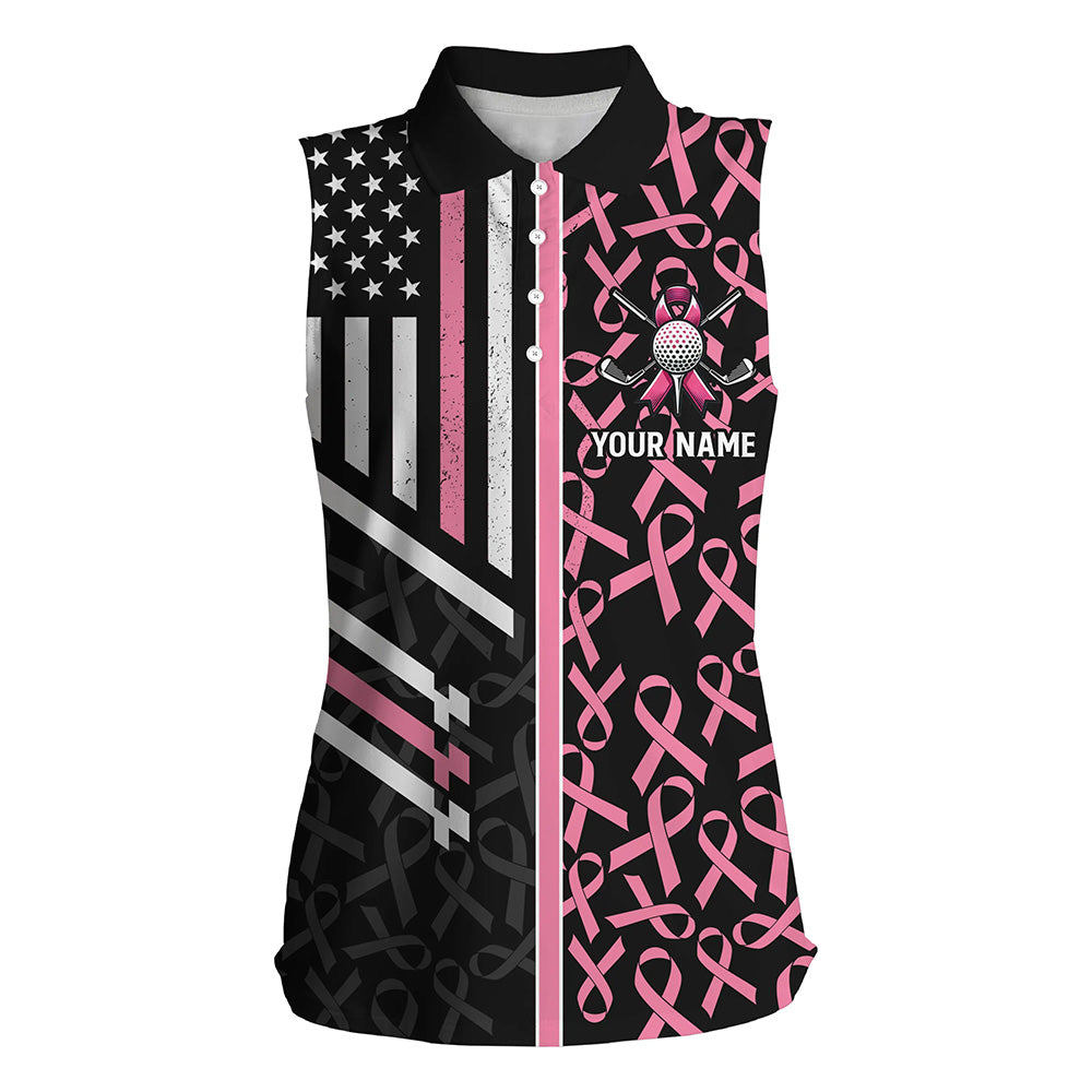 Pink ribbon American Flag Women sleeveless polo shirt custom Breast Cancer awareness golf shirt NQS8232