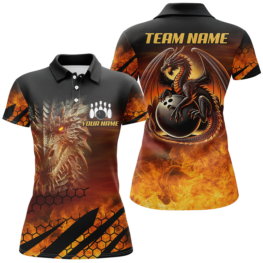 Black And Orange Custom Dragon Flame Bowling Shirts For Women, Dragon Fire Bowling Team Shirts NQS8234