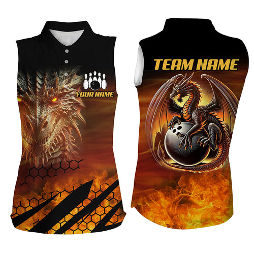 Black And Orange Custom Dragon Flame Bowling sleeveless polo Shirts, Dragon Fire Bowling Team Shirts NQS8234