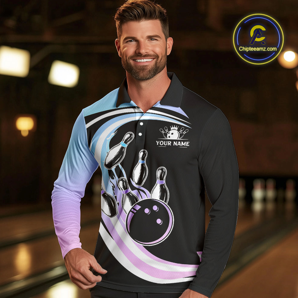 Blue Purple Gradient Bowling Shirts For Men Custom Bowling Team League Jersey, Gift For Bowler NQS10432