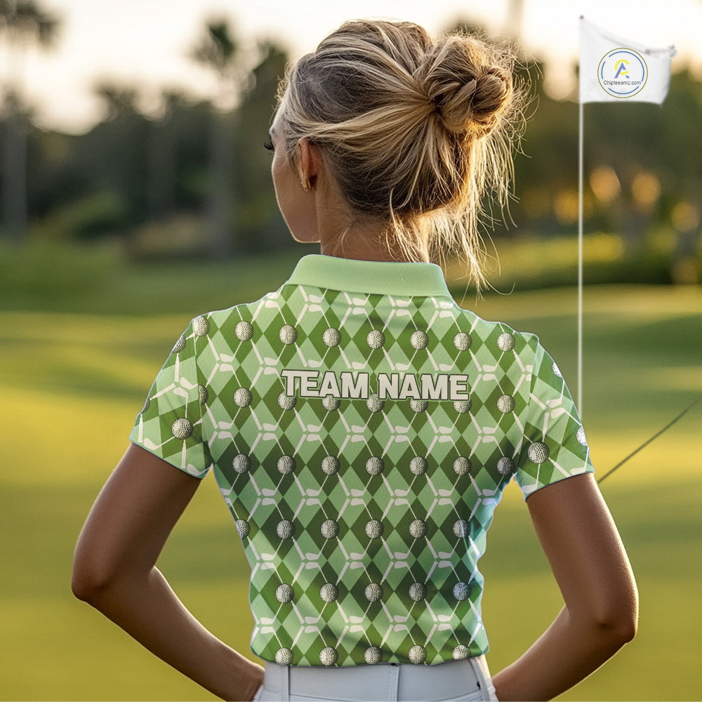Women golf polo shirts custom green argyle plaid pattern golf attire for ladies, golfer gifts NQS10435