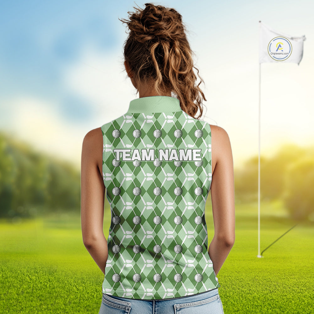 Women sleeveless polo shirt custom green argyle plaid pattern golf attire for ladies, golfer gifts NQS10435