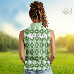 Women sleeveless polo shirt custom green argyle plaid pattern golf attire for ladies, golfer gifts NQS10435