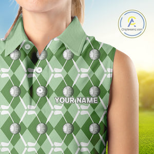 Women sleeveless polo shirt custom green argyle plaid pattern golf attire for ladies, golfer gifts NQS10435