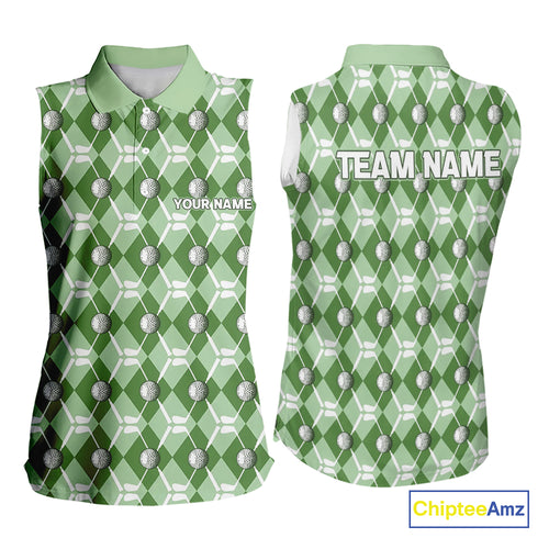 Women sleeveless polo shirt custom green argyle plaid pattern golf attire for ladies, golfer gifts NQS10435