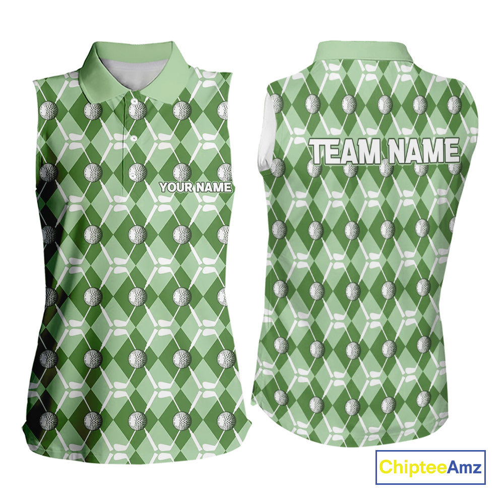 Women sleeveless polo shirt custom green argyle plaid pattern golf attire for ladies, golfer gifts NQS10435