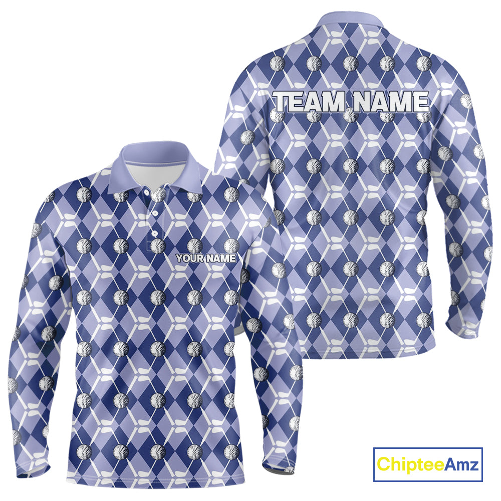 Mens golf polo shirts custom blue argyle plaid pattern golf attire for men, golfer gifts NQS10434