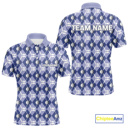 Mens golf polo shirts custom blue argyle plaid pattern golf attire for men, golfer gifts NQS10434