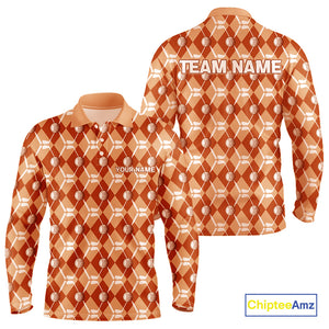 Mens golf polo shirts custom orange argyle plaid pattern golf attire for men, golfer gifts NQS10436