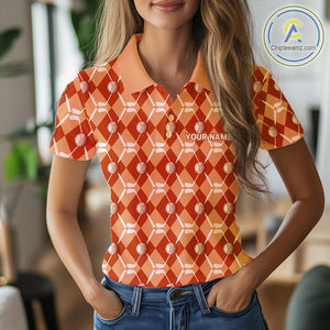 Women golf polo shirts custom orange argyle plaid pattern golf attire for ladies, golfer gifts NQS10436