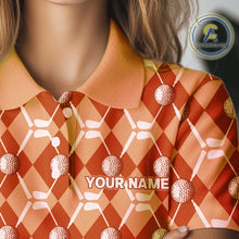 Load image into Gallery viewer, Women golf polo shirts custom orange argyle plaid pattern golf attire for ladies, golfer gifts NQS10436