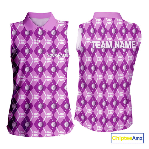 Women sleeveless polo shirt custom light purple argyle plaid pattern golf attire for ladies NQS10437
