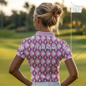 Women golf polo shirts custom pink argyle plaid pattern golf attire for ladies, golfer gifts NQS10443