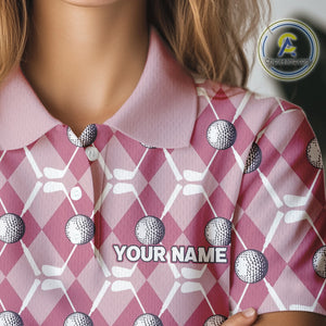 Women golf polo shirts custom pink argyle plaid pattern golf attire for ladies, golfer gifts NQS10443
