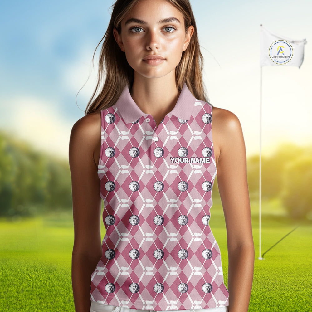 Women sleeveless polo shirt custom pink argyle plaid pattern golf attire for ladies NQS10443