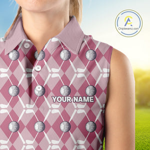 Women sleeveless polo shirt custom pink argyle plaid pattern golf attire for ladies NQS10443