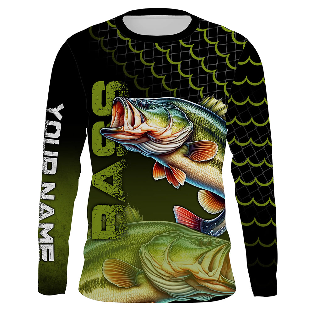 Largemouth bass fishing green custom sun protection long sleeve fishing shirts, bass fishing jerseys NQS4312