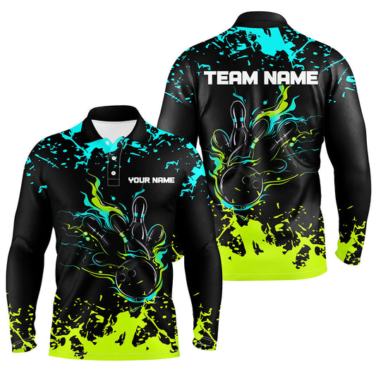 Personalized Cyan Blue and Green Bowling Shirts For Men, Bowling Balls And Pins Bowling Team Shirts NQS8917