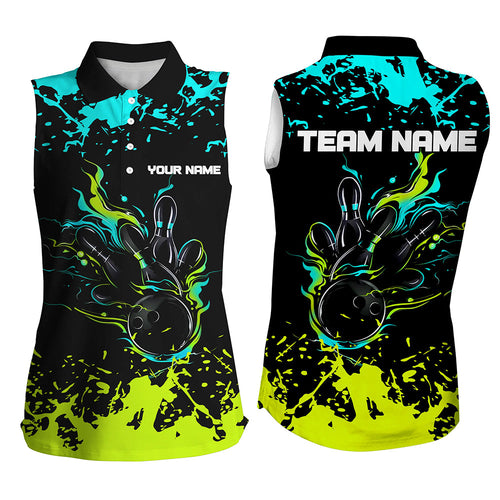 Personalized Cyan Blue and Green Women Sleeveless Polo Shirt Bowling Balls And Pins Bowling Team Shirt NQS8917