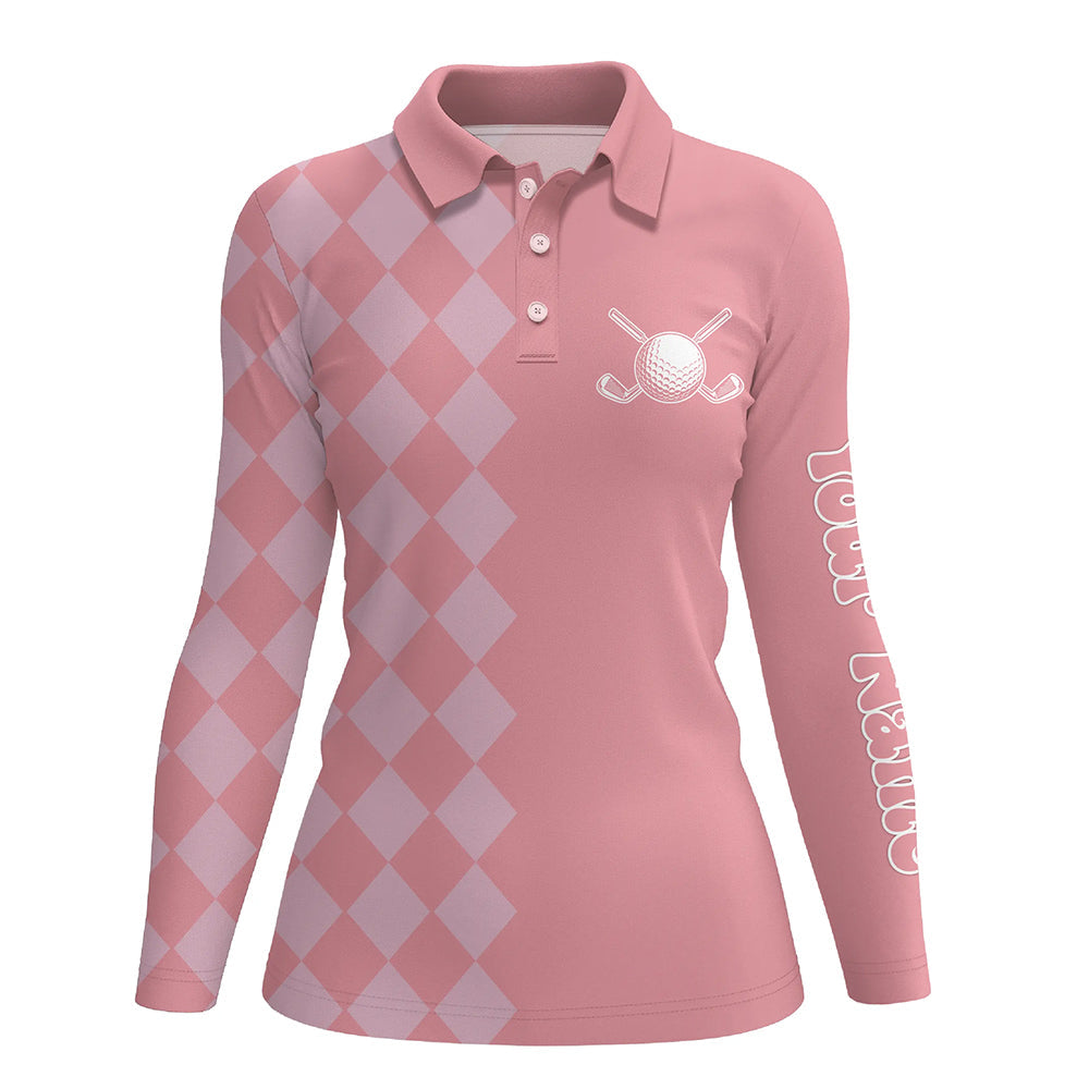Pink argyle pattern Womens Golf Polo Shirts custom golf tops for women, cool golf gifts NQS9165