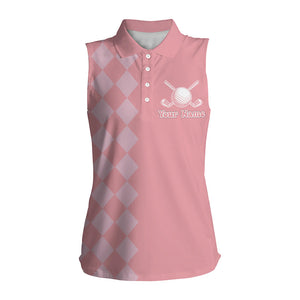 Pink argyle pattern Womens Sleeveless Polo Shirts custom golf tops for women, cool golf gifts NQS9165