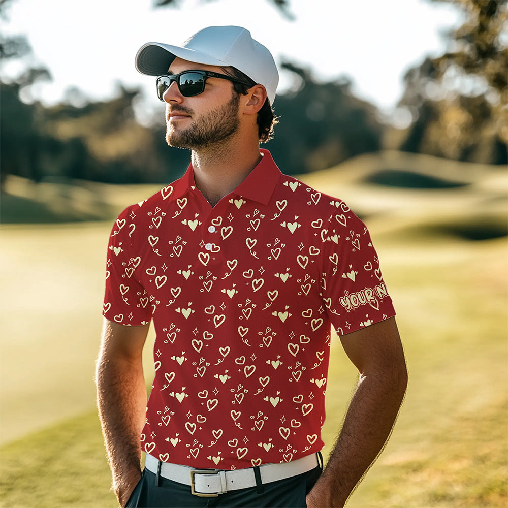 Gold Heart Red pattern Mens golf polo shirts custom Valentines golf gift for him  NQS9368