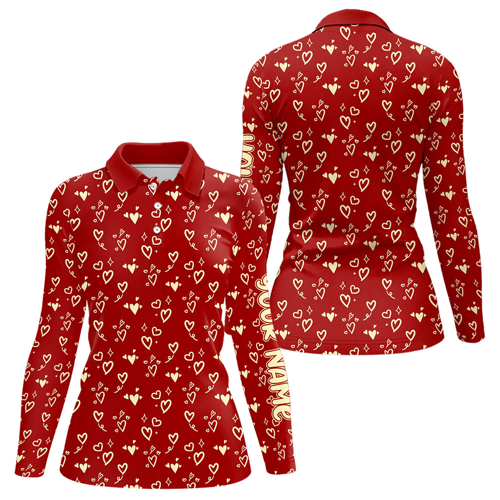 Gold Heart Red pattern Women golf polo shirt custom Valentines golf gift for her NQS9368