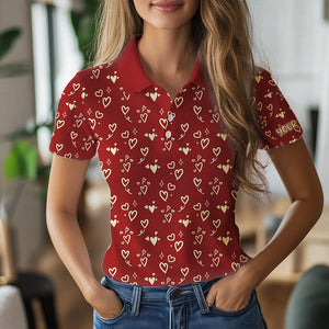 Gold Heart Red pattern Women golf polo shirt custom Valentines golf gift for her NQS9368