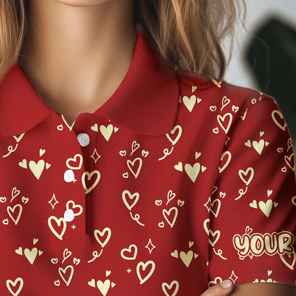 Gold Heart Red pattern Women golf polo shirt custom Valentines golf gift for her NQS9368
