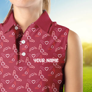 Pink Heart Wings pattern Women sleeveless polo shirt custom Valentines ladies golf shirt, gift for him NQS9369