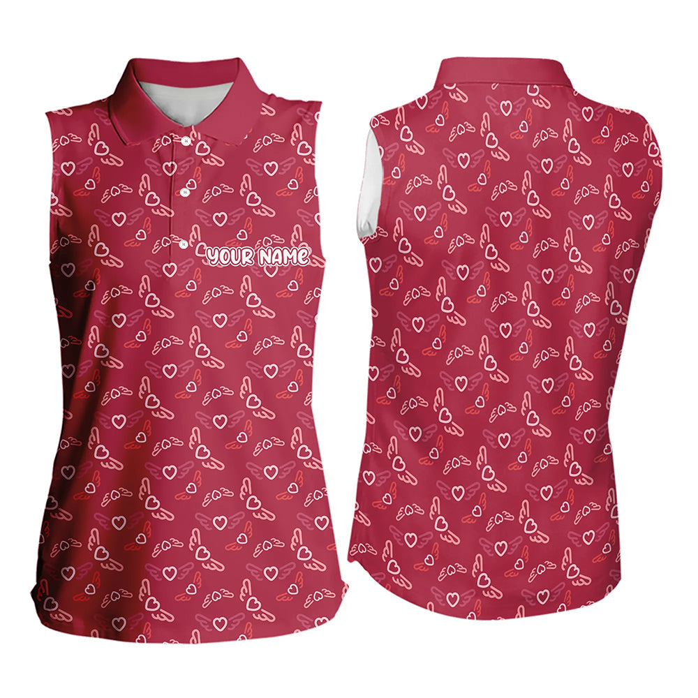 Pink Heart Wings pattern Women sleeveless polo shirt custom Valentines ladies golf shirt, gift for him NQS9369