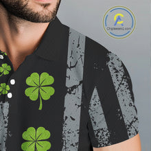 Load image into Gallery viewer, Custom Black Grunge US Flag Green Shamrock St Patrick Golf Polo shirts for Men Patriotic Golf shirts NQS11449