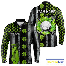 Load image into Gallery viewer, Custom Black Grunge US Flag Green Shamrock St Patrick Golf Polo shirts for Men Patriotic Golf shirts NQS11449