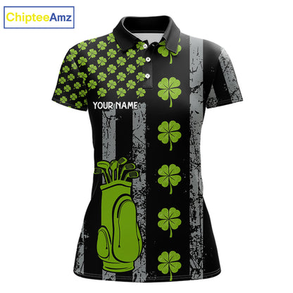 Custom Black Grunge US Flag Green Shamrock St Patrick Golf Polo shirts for Women Patriotic Golf shirt NQS11449
