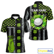 Load image into Gallery viewer, Custom Black Grunge US Flag Green Shamrock St Patrick Golf Polo shirts for Men Patriotic Golf shirts NQS11449