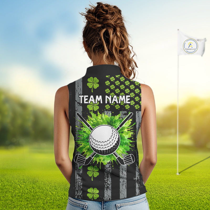 Custom Black Grunge US Flag Green Shamrock St Patrick Sleeveless Golf Polo shirt Patriotic Golf shirt NQS11449