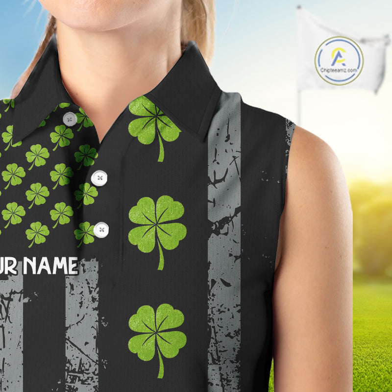 Custom Black Grunge US Flag Green Shamrock St Patrick Sleeveless Golf Polo shirt Patriotic Golf shirt NQS11449