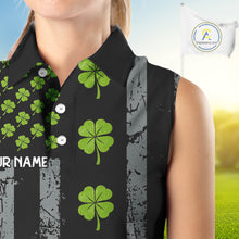 Load image into Gallery viewer, Custom Black Grunge US Flag Green Shamrock St Patrick Sleeveless Golf Polo shirt Patriotic Golf shirt NQS11449