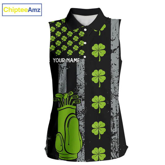 Custom Black Grunge US Flag Green Shamrock St Patrick Sleeveless Golf Polo shirt Patriotic Golf shirt NQS11449