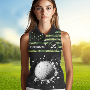 Green Camo American flag black Women sleeveless polo shirt custom patriotic team ladies golf apparel NQS9517